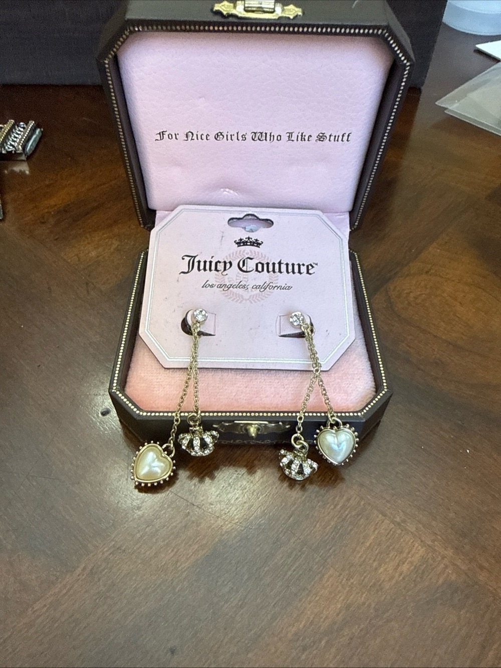 Juicy Couture Gold Tone Heart & Pearl Drop Dangle Earrings with Crystal Accents